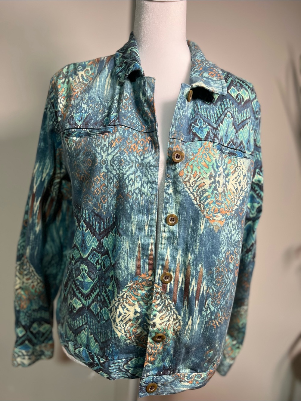 Coldwater Creek Teal and Aqua Patterned Button-Front Shirt Jacket